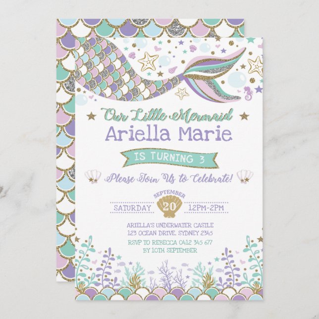 Invitación de la sirena bajo fiesta de cumpleaños (Anverso / Reverso)
