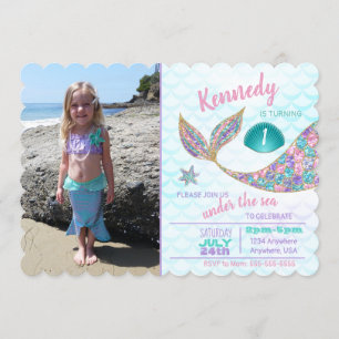 Invitación de la sirena del purpurina, bajo fiesta
