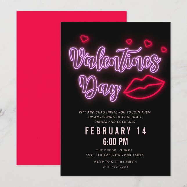 Invitación de labios de día de San Valentín de neó (Anverso / Reverso)