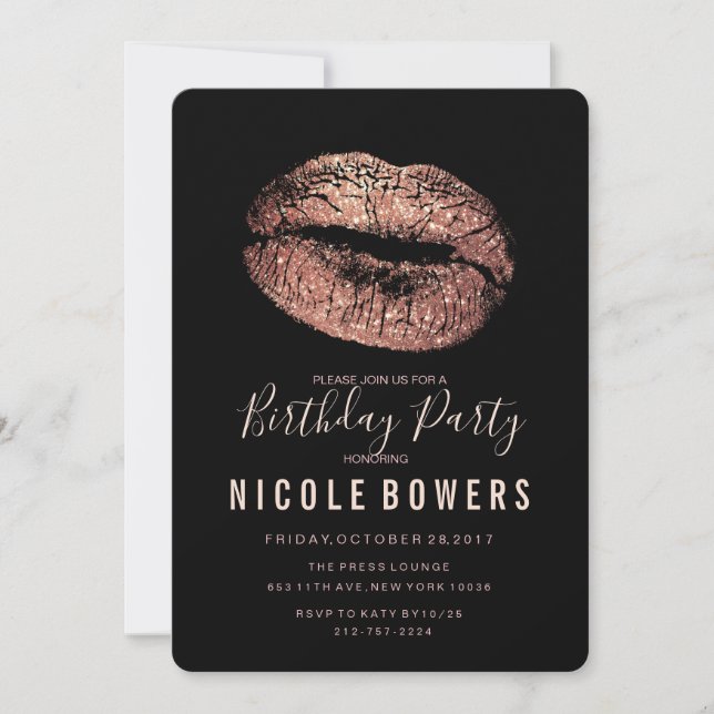 Invitación de labios rosa oro para cumpleaños para (Anverso)