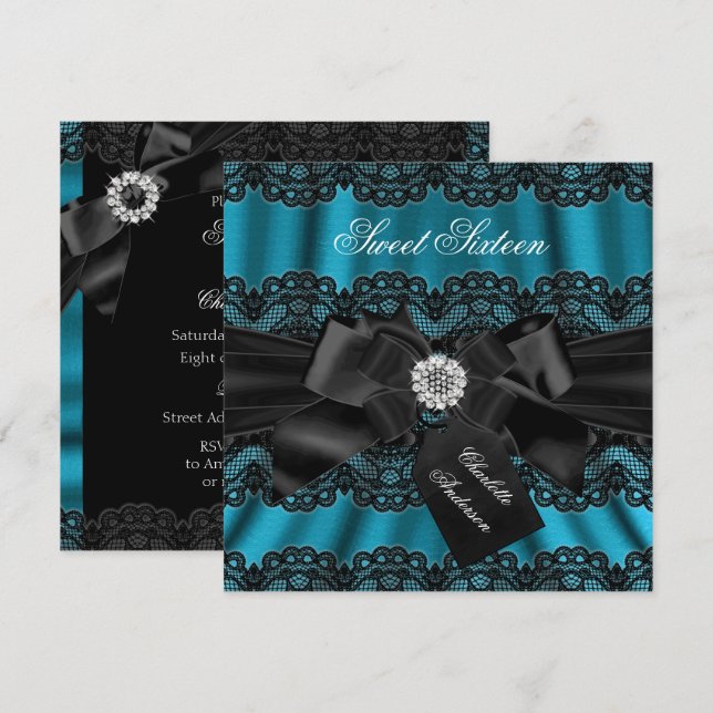 Invitación de Lace & Bow Black Sweet Verde azulado (Anverso / Reverso)