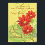 Invitación de las margaritas del Gerbera<br><div class="desc">Una invitación alegre que ofrece tres margaritas del gerbera en un color rojo brillante. El fondo soleado, amarillo tiene follaje abstracto y remolina. Conveniente para cualquier celebración feliz. La tarjeta es fácil de modificar para requisitos particulares con su fraseología, fuente, color de la fuente y opción de seis tipos de...</div>