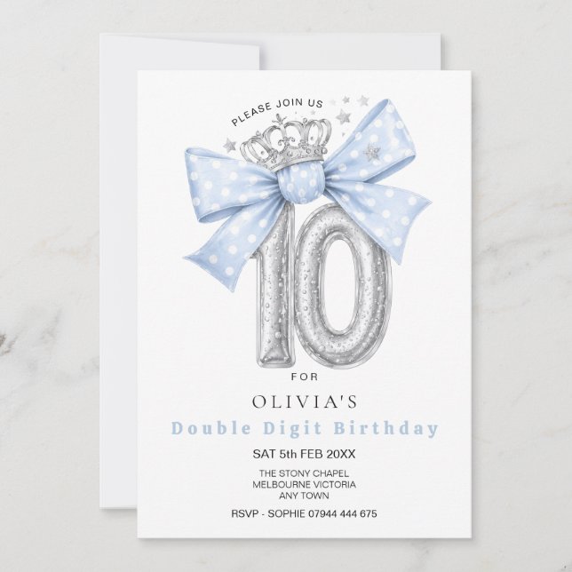 Invitación de lazo azul para el décimo cumpleaños  (Anverso)