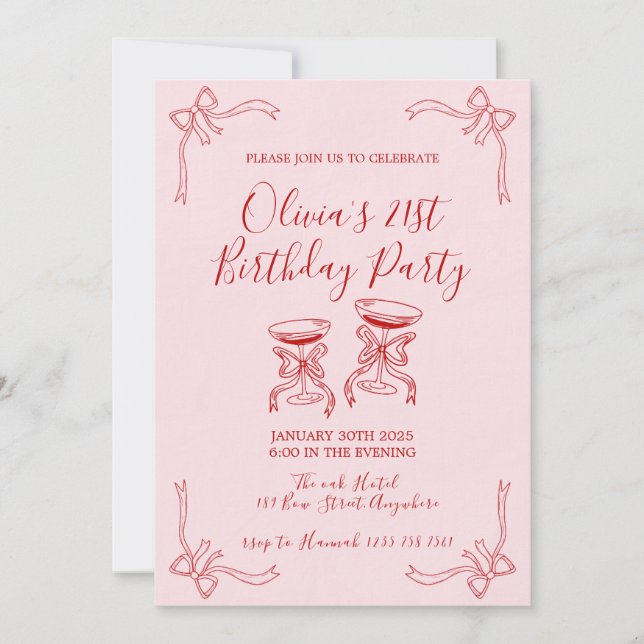 Invitación de lazo de Martini Coquette Rosa (Anverso)