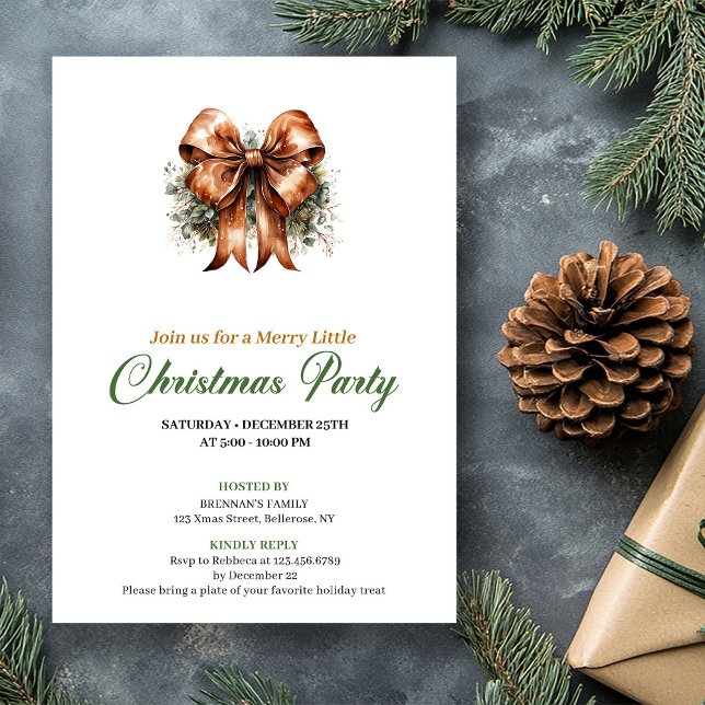 Invitación de lazo de Navidad en verde y dorado mi (Minimalist Green And Gold Christmas Tree Invite)