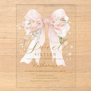 Invitación de lazo floral rosa para Sweet sixteen