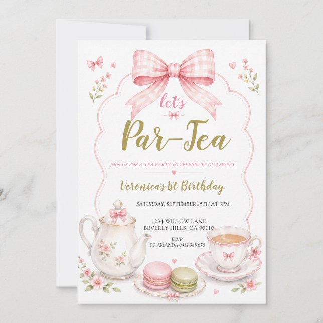 Invitación de lazo para niña en cumpleaños de té (Anverso)