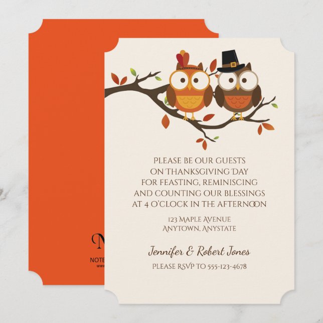 Invitación de Lechuzas de Acción de Gracias (Anverso / Reverso)