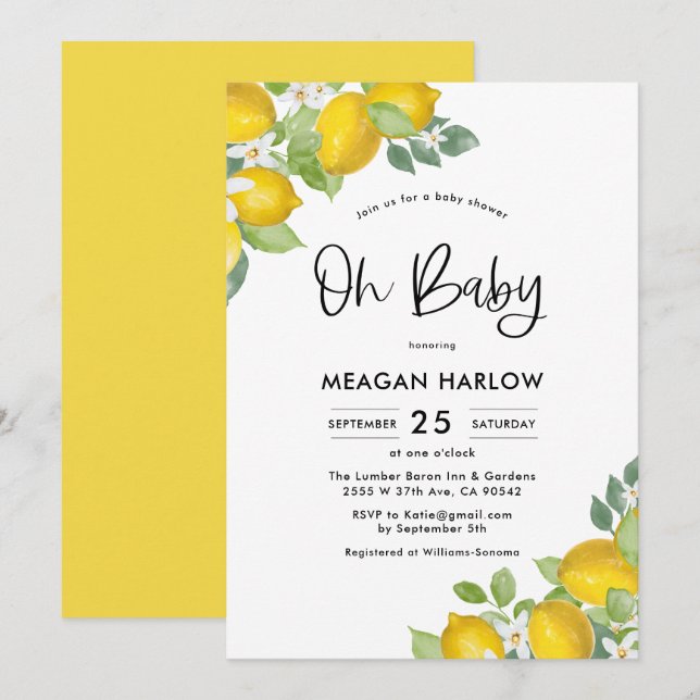 Invitación de Lemon Baby Shower Oh Baby Shower (Anverso / Reverso)