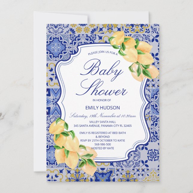 Invitación de Lemones de mosaicos azules editables (Anverso)