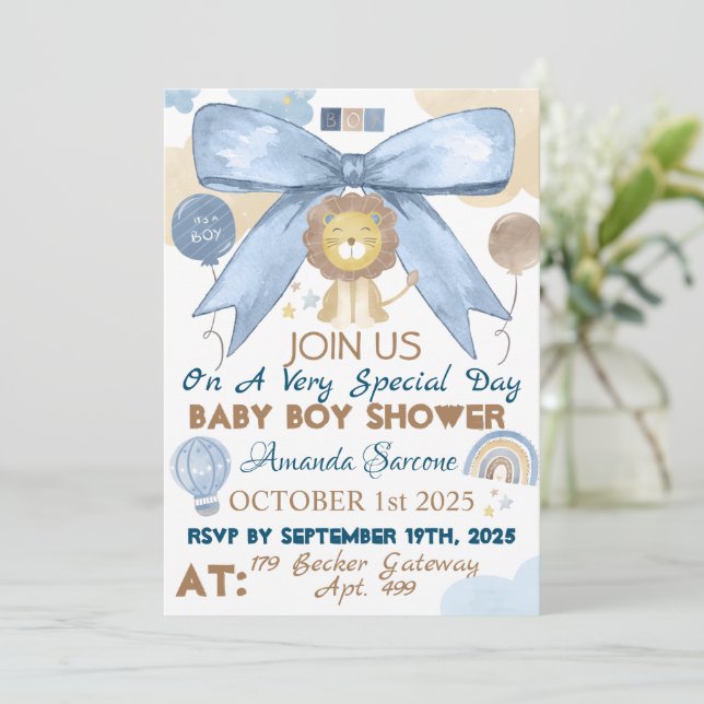 Invitación de león a Baby Boy Shower Cute (Anverso de pie)