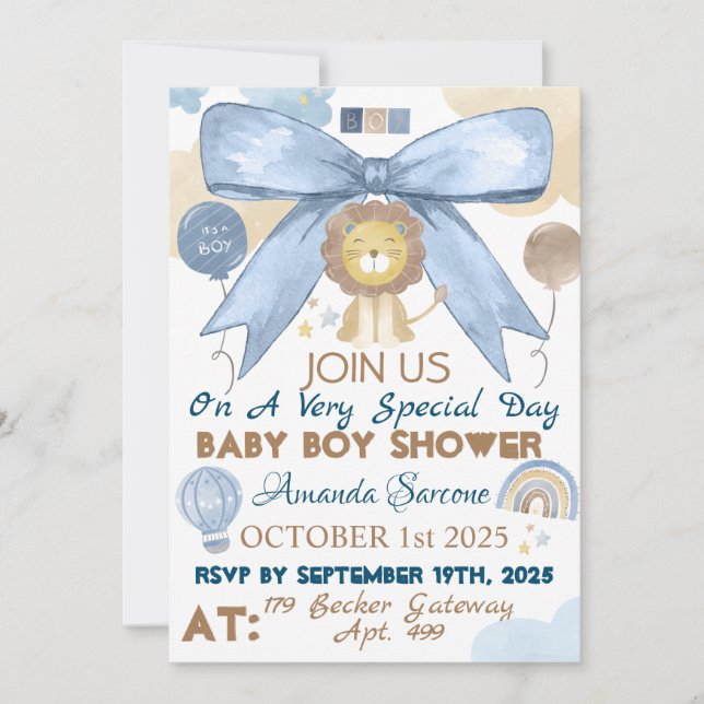 Invitación de león a Baby Boy Shower Cute (Anverso)