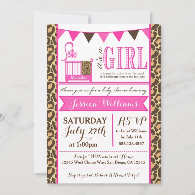 Invitación de Leopard Baby Shower A Las Niñas Bebé (Anverso)