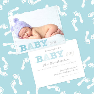 Invitación de letras azules para foto de niño bebé