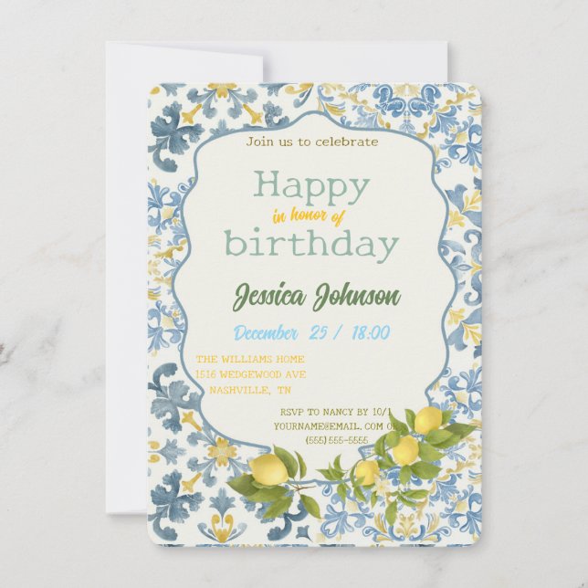 Invitación de limón con azulejo azul italiano (Anverso)