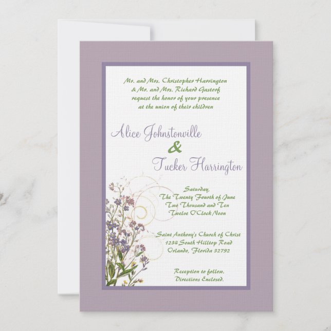 invitación de lino de la boda de la flor púrpura (Anverso)