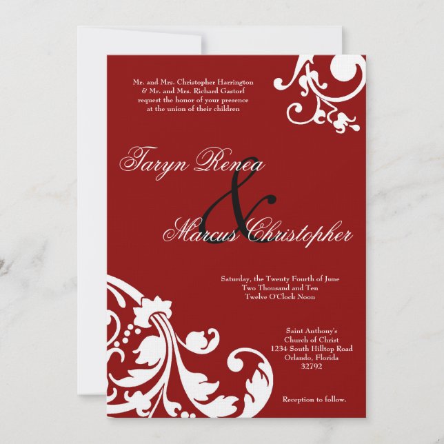 invitación de lino floral de la boda del rojo (Anverso)