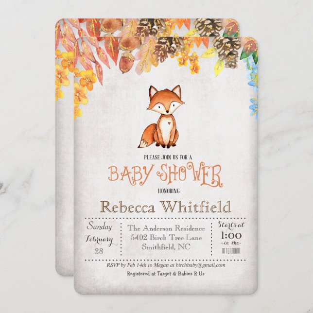 Invitación de Little Fox Baby Shower (Anverso / Reverso)
