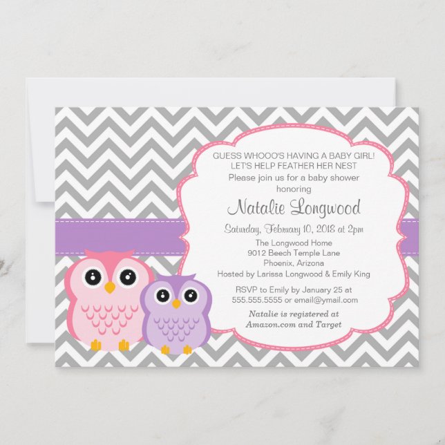 Invitación de Little Owls en Baby Shower, chica (Anverso)