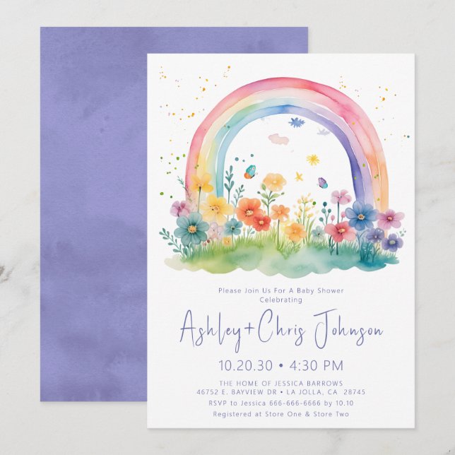 Invitación de lluvia de bebé niña con flores silve (Anverso / Reverso)