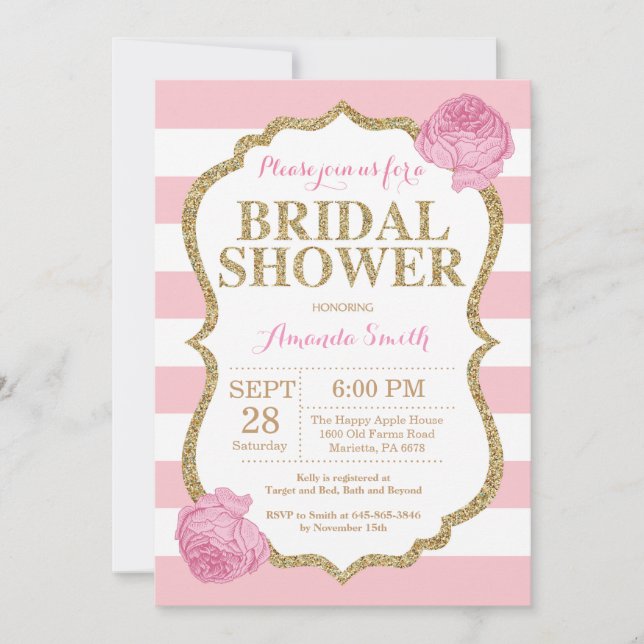 Invitación de lluvia de boda con brillo rosa y dor (Anverso)