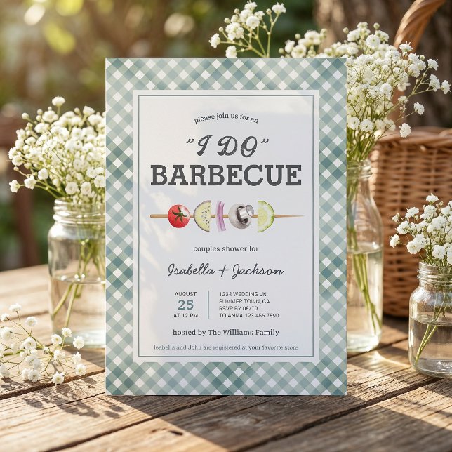 Invitación de lluvia de boda de verano para barbac (The front and back of the invitation shown in a 5x7-inch size. Choose size, paper, and corner style.)