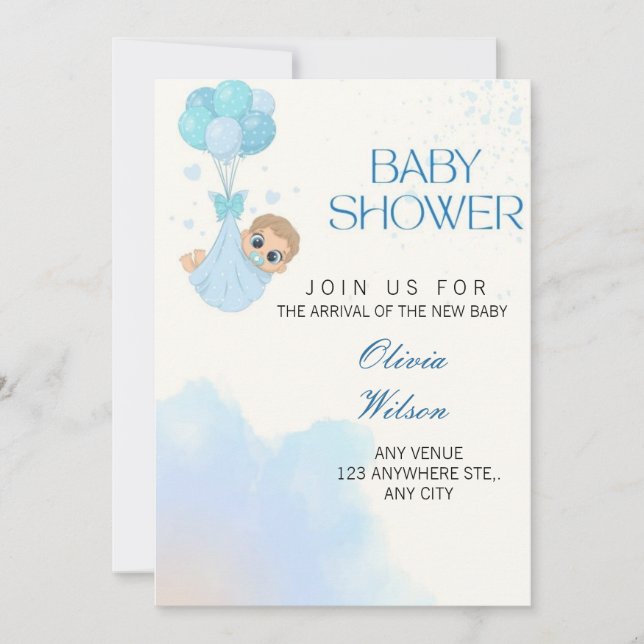 Invitación de lluvia de globos para bebé niño azul (Anverso)
