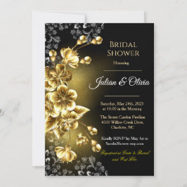Invitación de lluvia de novia gótica negra y dorad