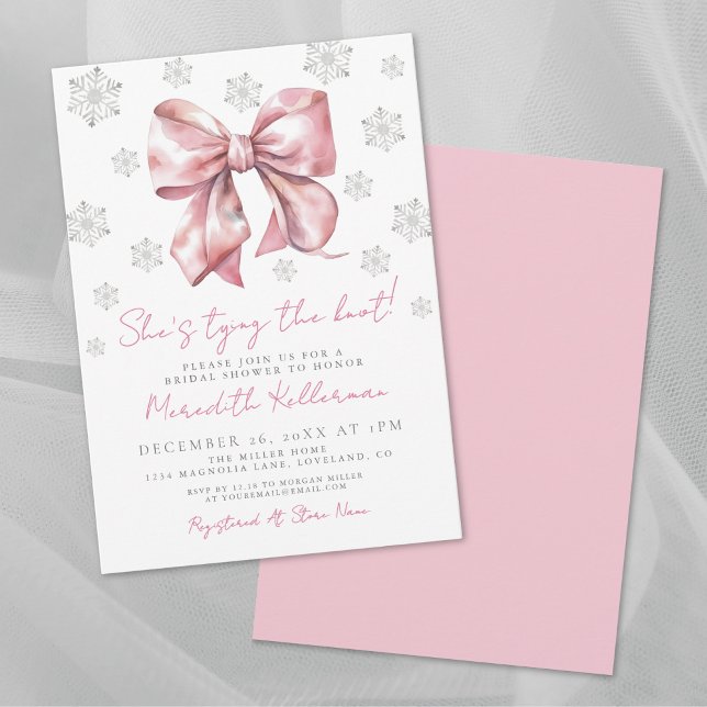 Invitación de lluvia de regalos nupcial de inviern (Pink Bow Winter Bridal Shower Invitation)