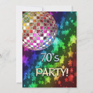 Invitación de los años 70 con bola de disco y arco