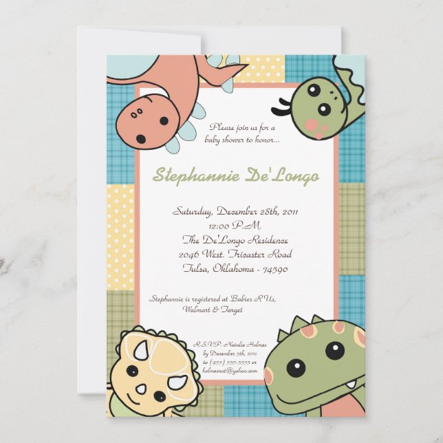Invitación de los dinosaurios T Rex Baby Shower (Anverso)