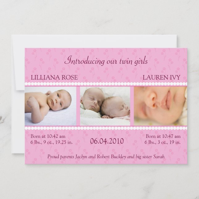 Invitación de los gemelos Pearl Rosa (Anverso)