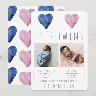 Invitación de los gemelos Watercolor Hearts