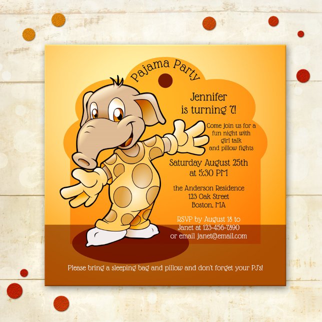 Invitación de los niños a la fiesta de cumpleaños  (A colorful pajama child birthday invitation with a cute elephant, fun girl talk and pillow fights)