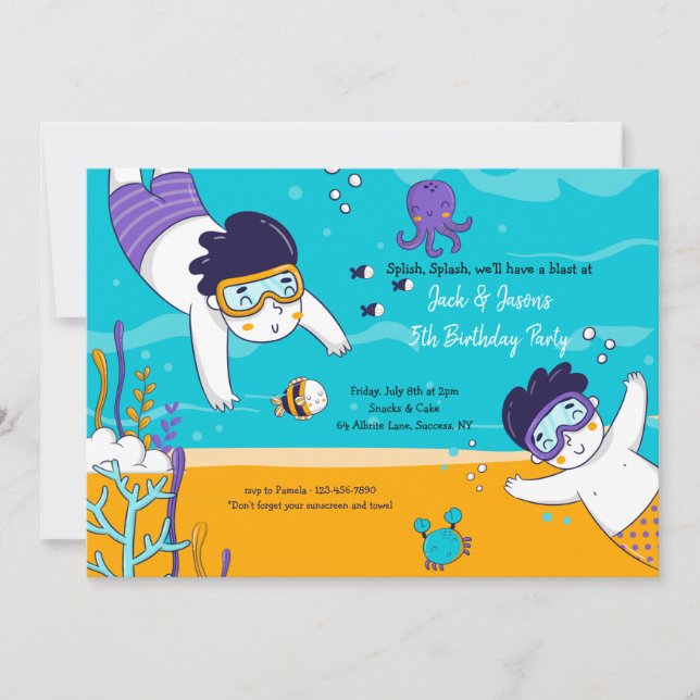 Invitación de los niños gemelos al snorkel (Anverso)