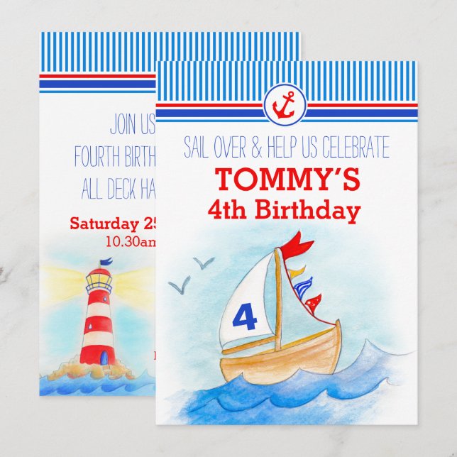 Invitación de los niños náuticos de barco de vela  (Anverso / Reverso)