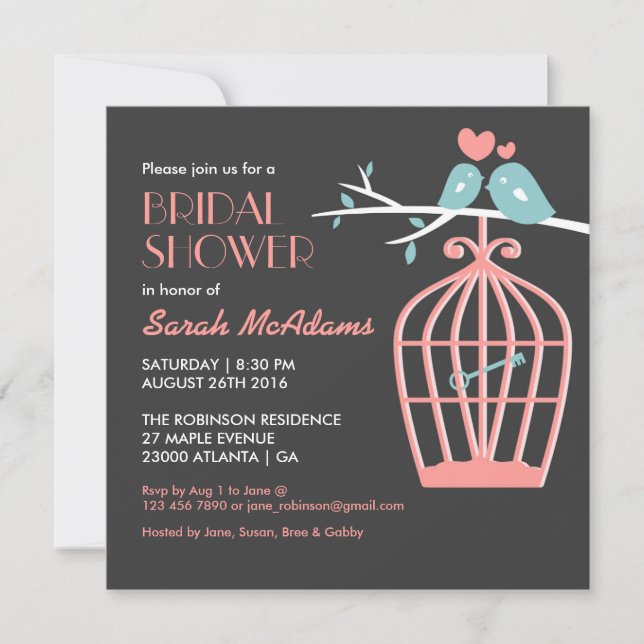 Invitación de los pájaros amantes de la jaula rosa (Anverso)