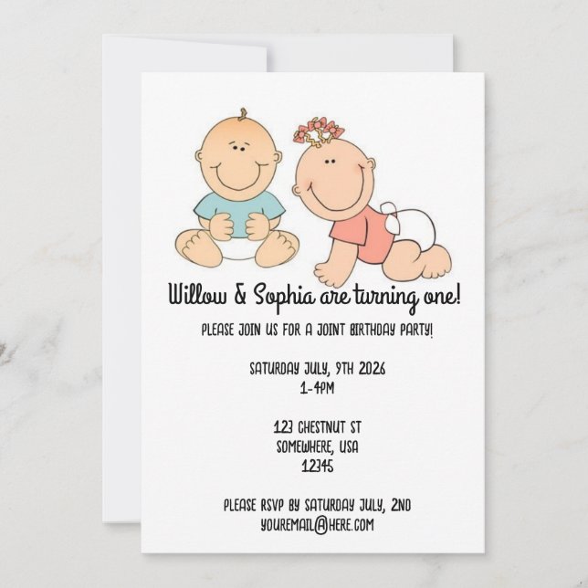 Invitación de los primeros cumpleaños de los gemel (Anverso)
