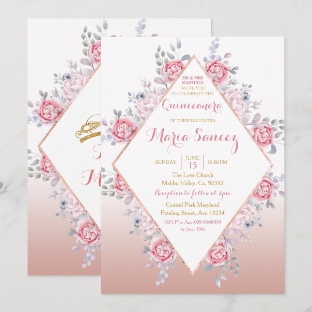 Invitación de los Rosas de oro mexicano mis quince (Anverso / Reverso)