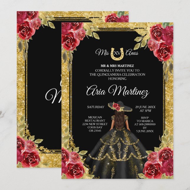Invitación de los Rosas rojos y dorados Charra Mis (Anverso / Reverso)