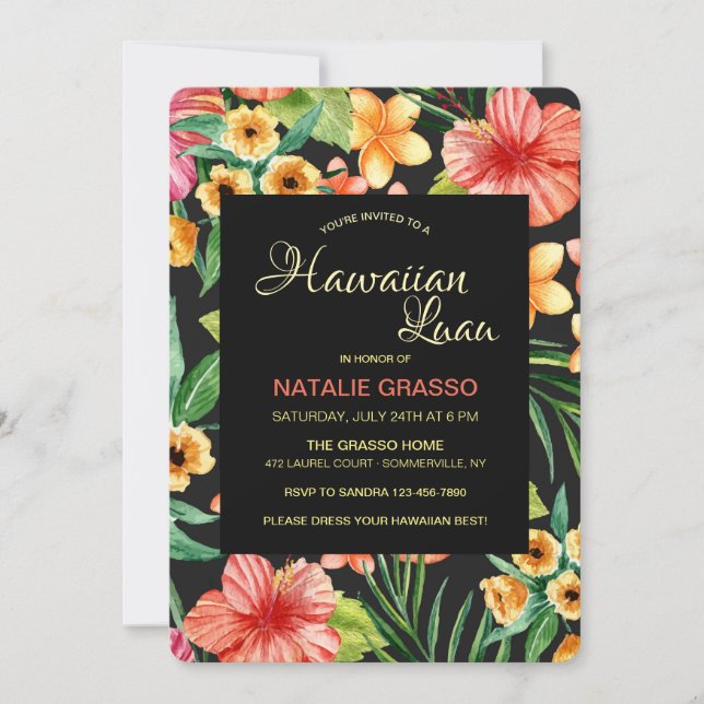Invitación de Luau de la Noche Tropical Hawaiana (Anverso)