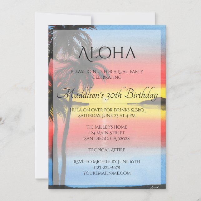 Invitación de Luau Tropical Sunset (Anverso)