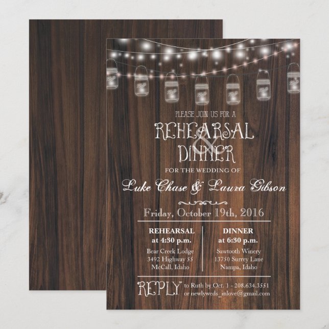 Invitación de Luces de Frasco de Mason para Cena d (Anverso / Reverso)