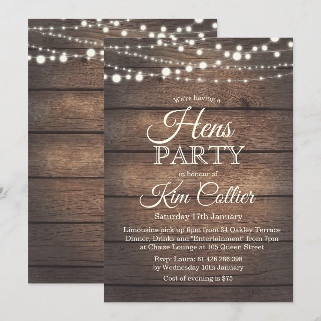 Invitación de Luces de Madera Rústica para Fiesta  (Anverso / Reverso)