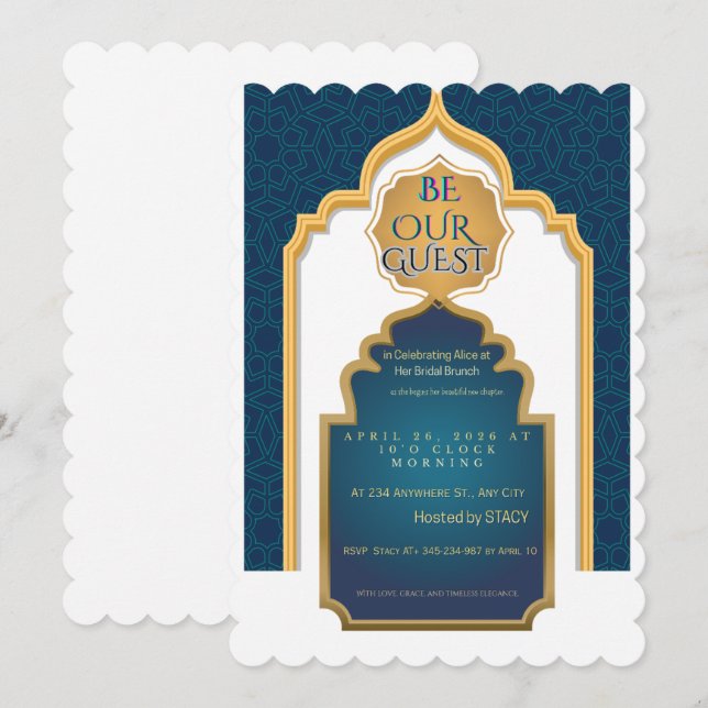 Invitación de lujo azul y dorado para despedida de (Anverso / Reverso)