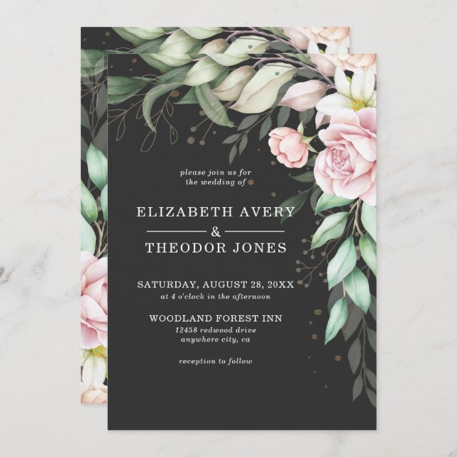 Invitación de lujo Boda floral negro y rosa (Anverso / Reverso)