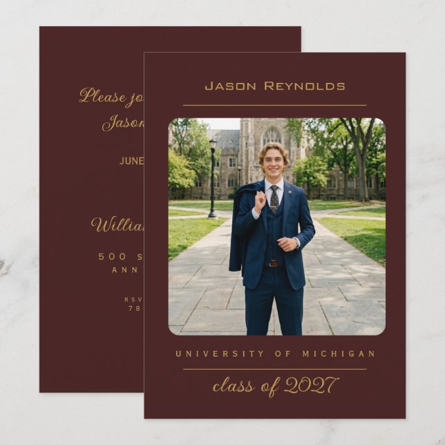 Invitación de lujo burdeos universitaria (Anverso / Reverso)