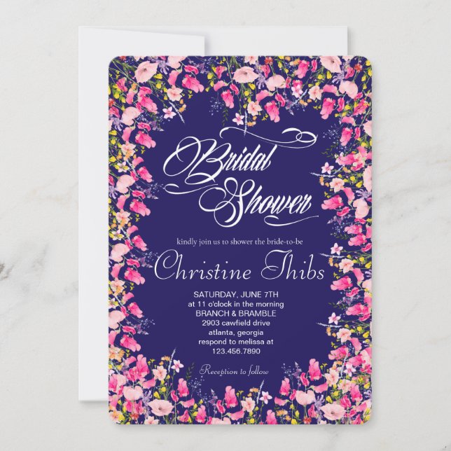 Invitación de lujo de boda con flores rosa intenso (Anverso)