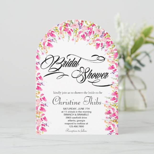 Invitación de lujo de boda con flores rosa intenso (Anverso de pie)