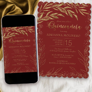 Invitación de lujo de quinceañera rojo y dorado co